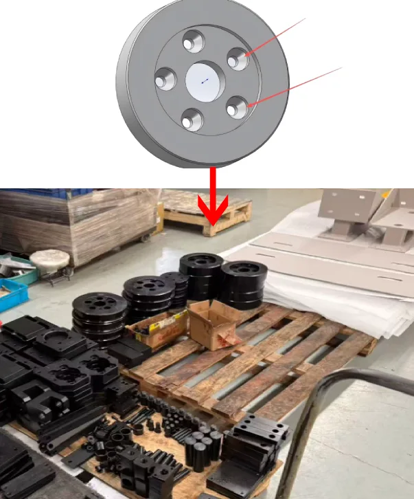 CAD rendering and CNC custom-machined parts on pallet