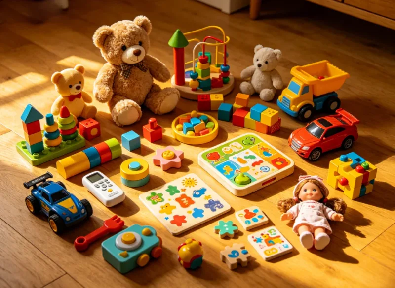 Coleção de brinquedos infantis coloridos e educativos