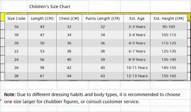 Children's jersey size chart with age, height, and weight recommendations.