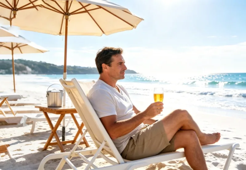 Bright Beach Vacation Man Sipping Cold Beer Under Sun Parasol