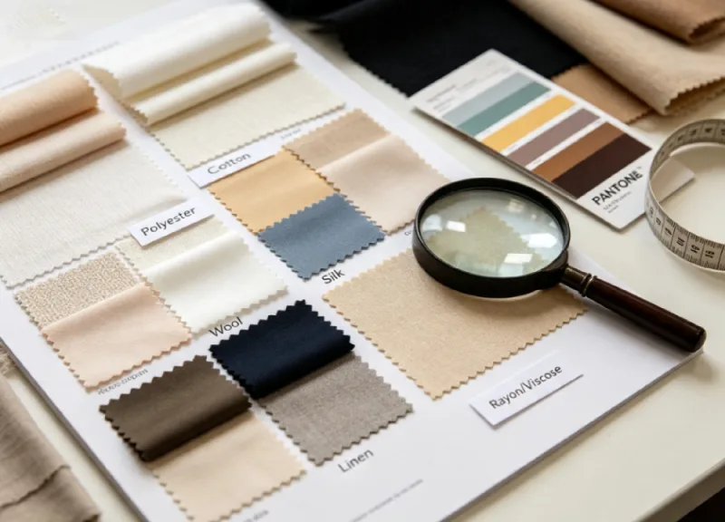 Fabric fiber swatch table showing cotton, polyester, wool, silk, linen and rayon for fabric sourcing in apparel sourcing