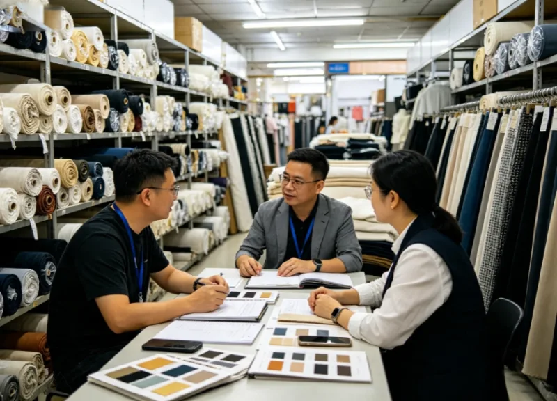 Fabric suppliers communicating with buyers in a textile market during apparel sourcing and fabric sourcing