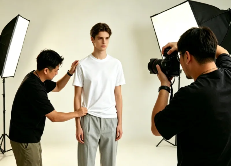 Fashion models are being photographed in a studio