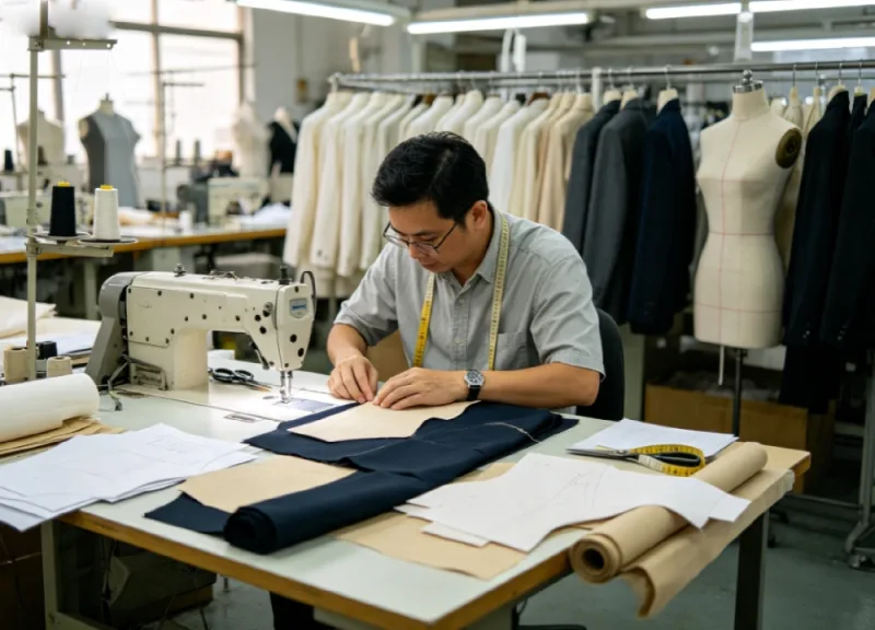 Pattern maker producing prototype garment samples inside Guangzhou clothing factory for apparel sourcing