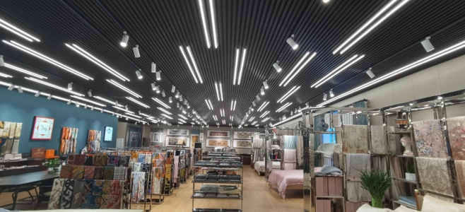 Silk Fabric Sample Showroom With Various Pattern Fabric Display Racks