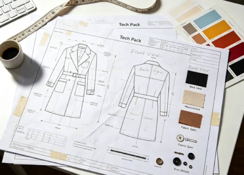 Detailed garment tech pack template for apparel sourcing and mass clothing manufacturing