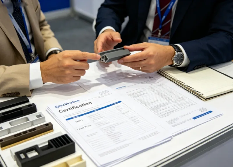 Review product samples and certification documents at Canton Fair exhibitor booth