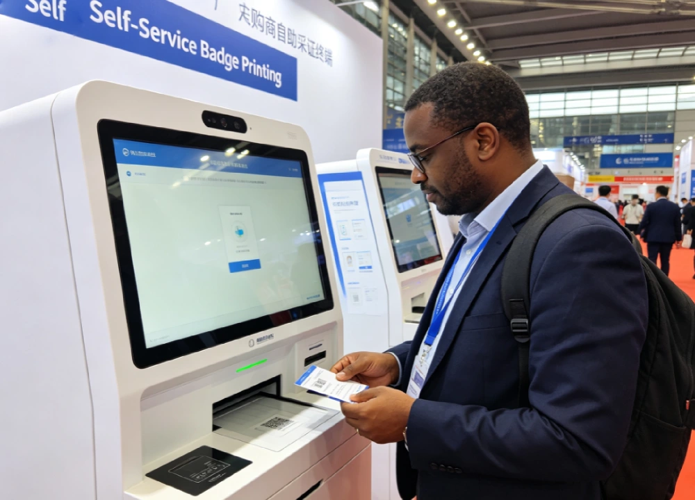 Self‑service kiosk printing Canton Fair buyer badge at Pazhou exhibition complex Self‑service kiosk printing Canton Fair buyer badge at Pazhou exhibition complex