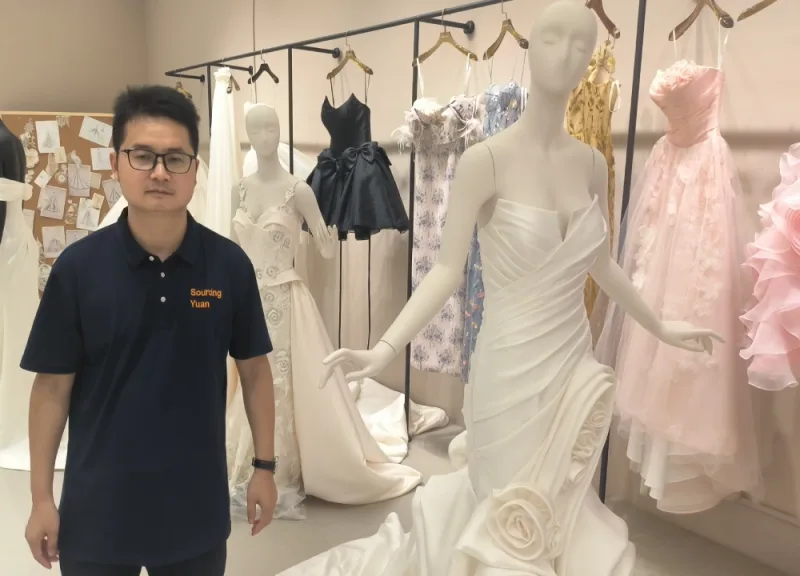 Lee at the wedding dress factory.