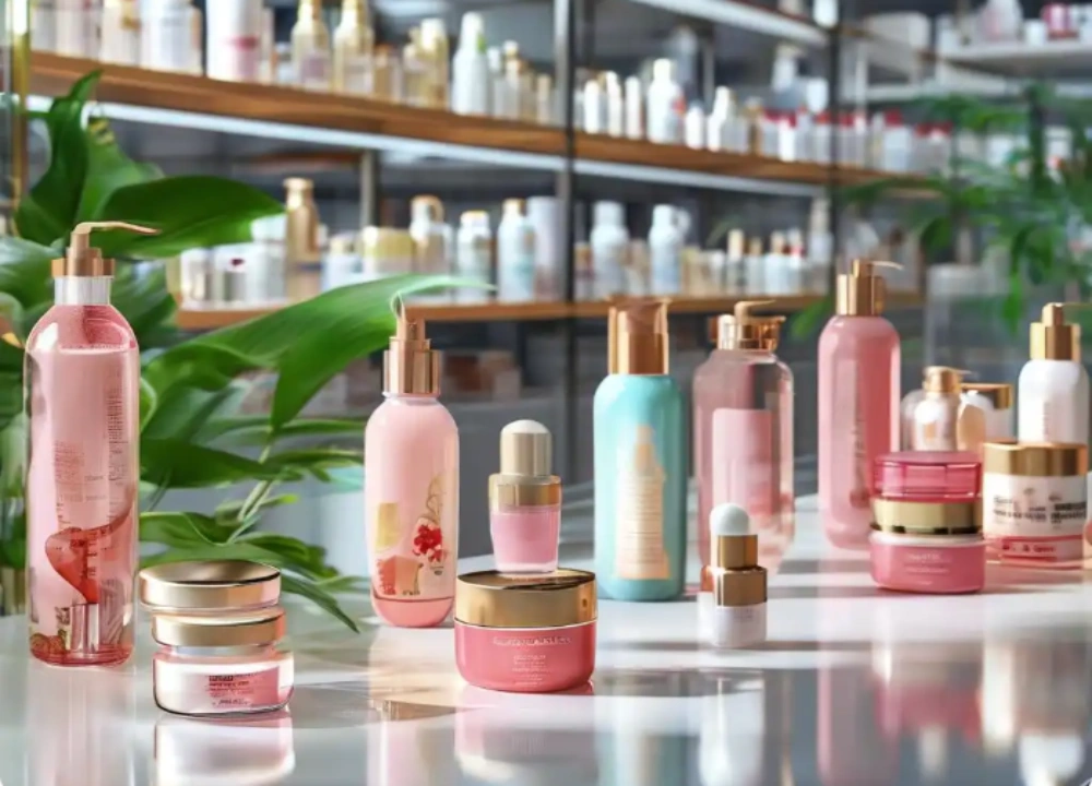 Display of various cosmetic bottle packaging Display of various cosmetic bottle packaging