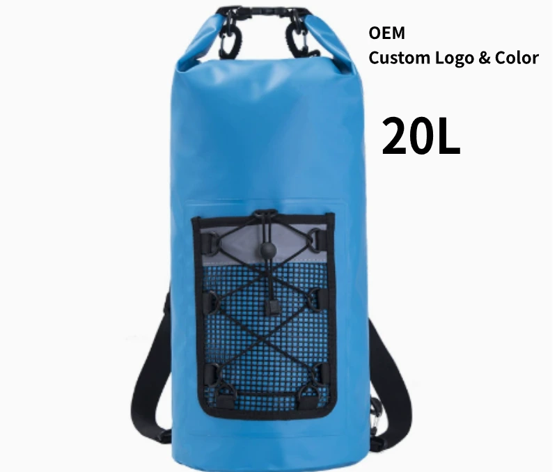 Sac à dos étanche de 20 litres avec poche réfléchissante en filet pour le rafting et le kayak Sac à dos étanche 20 L, idéal pour le rafting, le kayak et autres activités de plein air. Poche réfléchissante en filet pour le camping, la plage et la natation. Logo et couleur personnalisables (OEM).