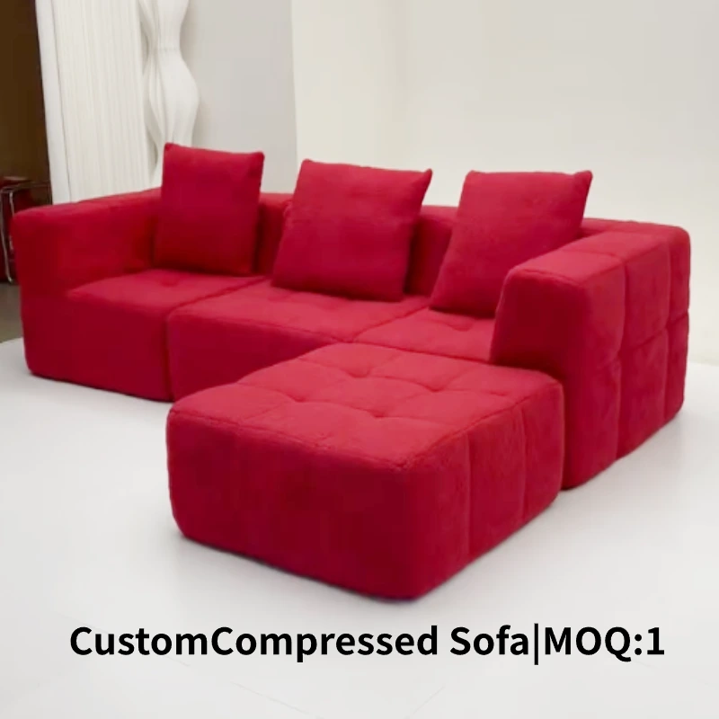 Canapé d'angle modulaire rouge compressé sur mesure, emballé sous vide Canapé compressé rouge sur mesure (Chine), canapé d'angle modulable, emballage sous vide, mobilier en tissu couleur et dimensions personnalisées (OEM/vente en gros).