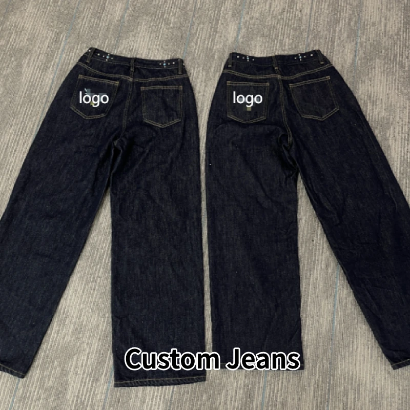 Jean personnalisé avec logo brodé, coupe droite ample Jeans personnalisés, jeans avec logo brodé, jeans baggy droits personnalisés, vêtements personnalisés en gros OEM
