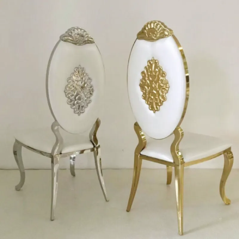 European Carved Stainless Steel Banquet Chair, Luxury Wedding Dining Chair, Stackable Metal Frame Chair for B2B Supply Stainless Steel Banquet Chair, Gold & Silver Oval Back Wedding Dining Chair, Stackable Metal Chair Wholesale