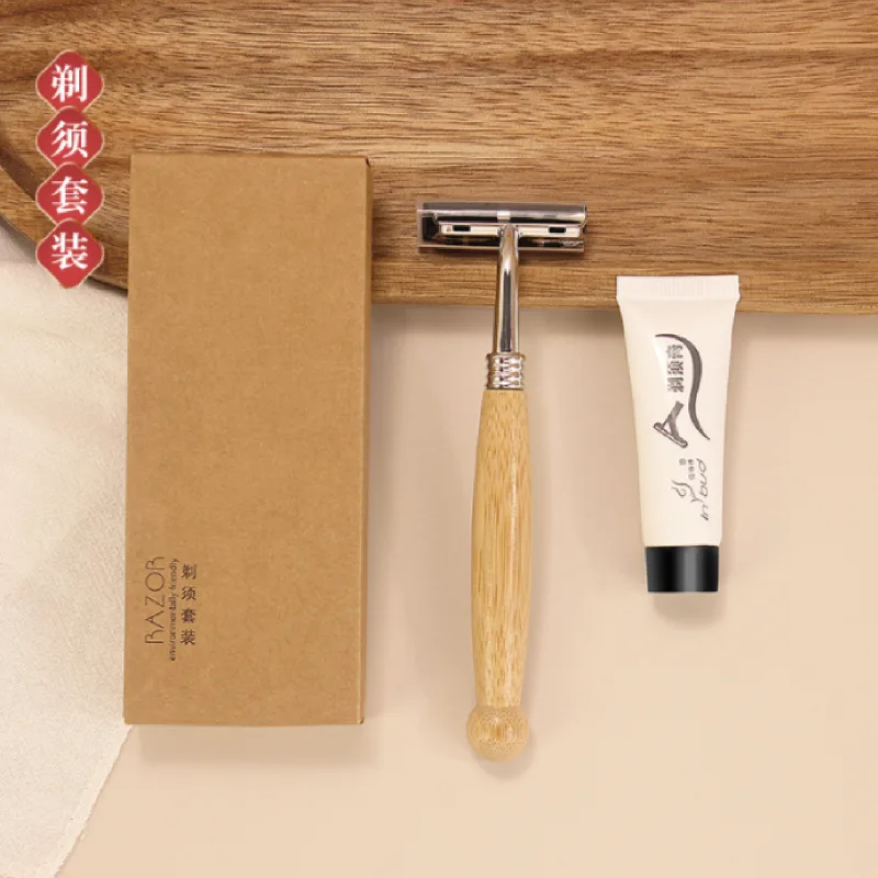 Ensemble de rasoirs jetables pour hôtels – Rasoir à manche en bambou avec crème à raser, article de toilette de luxe pour chambres d'hôtes, vente en gros, quantité minimale de commande : 10 ensembles Ensemble de rasoirs jetables pour hôtels, rasoir à manche en bambou avec crème à raser, coffret de bienvenue de luxe pour chambres d'hôtes (vente en gros), quantité minimale de commande : 10 ensembles
