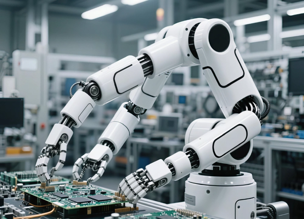 White robotic arms assembling circuit boards White robotic arms assembling circuit boards